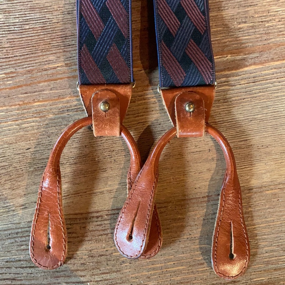 Classic Luciano Barbera Navy suspenders with brown leather trim.